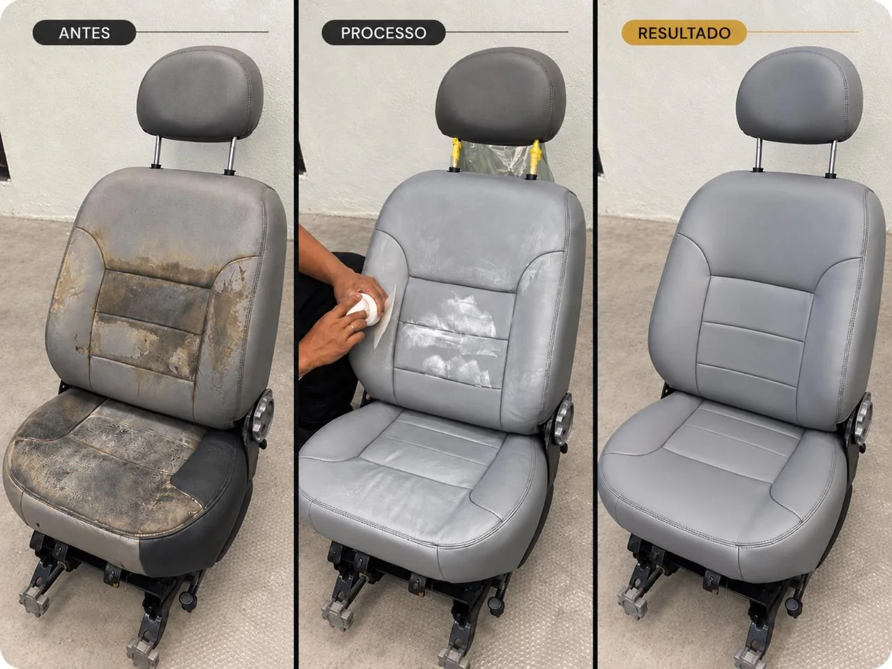 Restauração de banco automotivo em três etapas: antes, processo e resultado