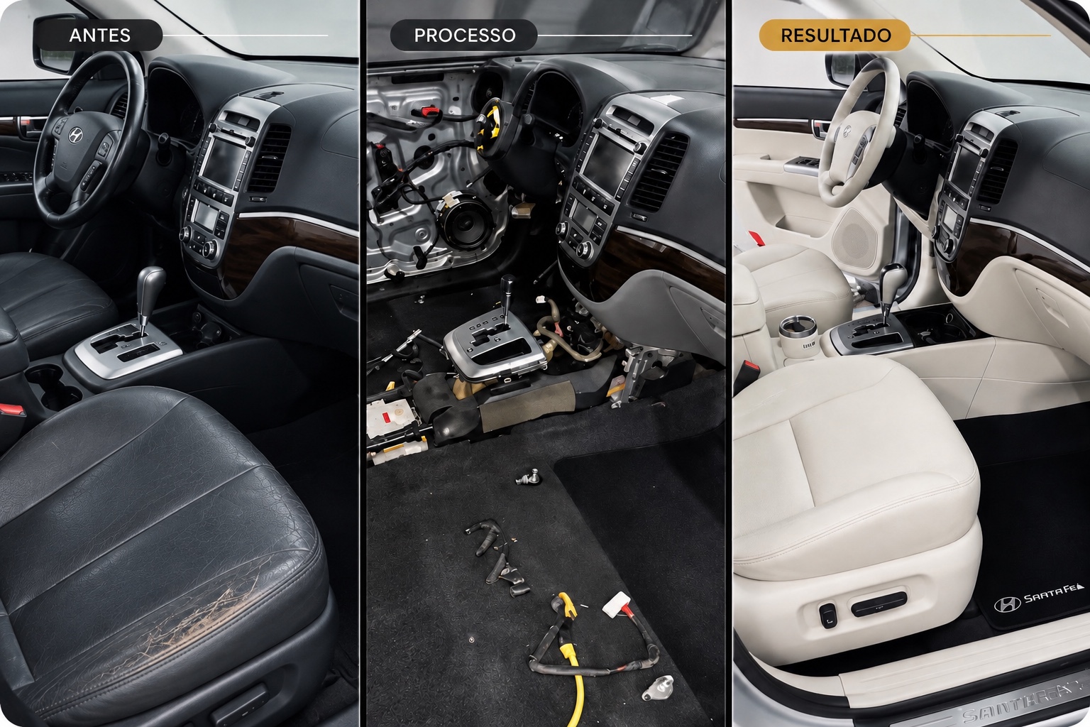 Personalização de interior automotivo: antes, processo e resultado em Hyundai Santa Fe